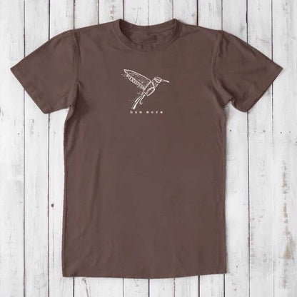 Men's Hummingbird T-Shirt in Bamboo & Organic Cotton, chocolate brown with white hummingbird line art and 'hum more' text, nature-inspired.