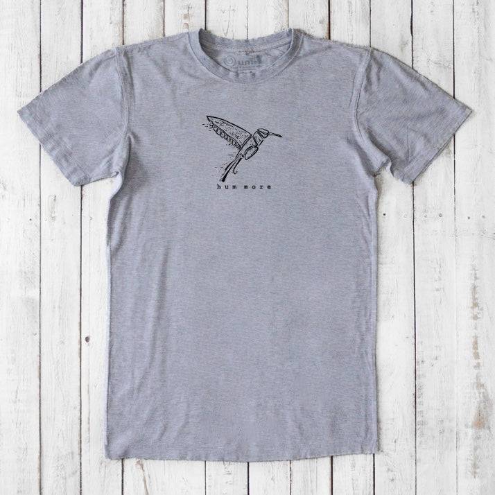 Men's Hummingbird T-Shirt in Bamboo & Organic Cotton, heather gray with black nature graphic and 'hum more' text, soft and breathable fit.