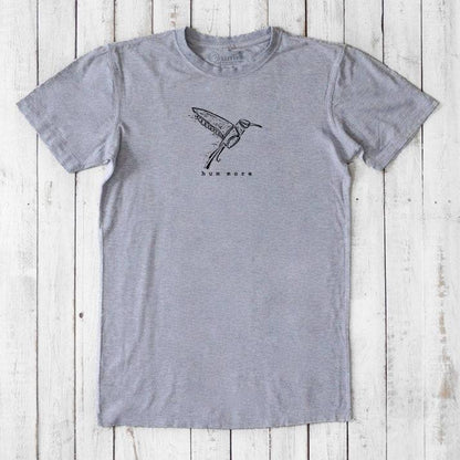 Men's Hummingbird T-Shirt in Bamboo & Organic Cotton, heather gray with black nature graphic and 'hum more' text, soft and breathable fit.