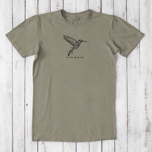 Men's Hummingbird T-Shirt in Bamboo & Organic Cotton, olive green with 'hum more' nature graphic, classic fit for bird watchers.