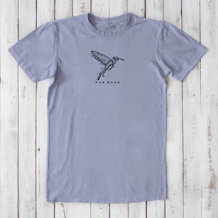 Men's Hummingbird T-Shirt in Bamboo & Organic Cotton, lavender purple with detailed bird graphic and 'hum more' message, classic fit tee.