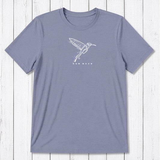 Men's Hummingbird T-Shirt in Bamboo & Organic Cotton, lavender purple with detailed bird graphic and 'hum more' message, classic fit tee.