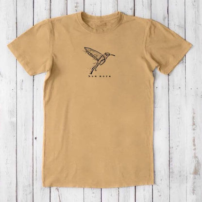 Men's Hummingbird T-Shirt in Bamboo & Organic Cotton, camel tan color with sketched hummingbird and 'hum more' quote, nature lover gift.