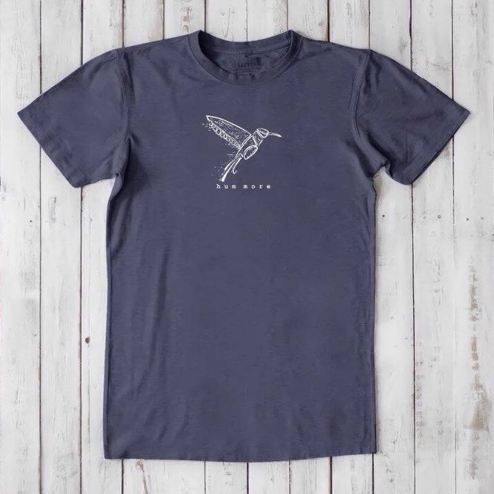 Men's Hummingbird T-Shirt in Bamboo & Organic Cotton, navy blue with white bird sketch and 'hum more' text, classic fit for nature lovers.