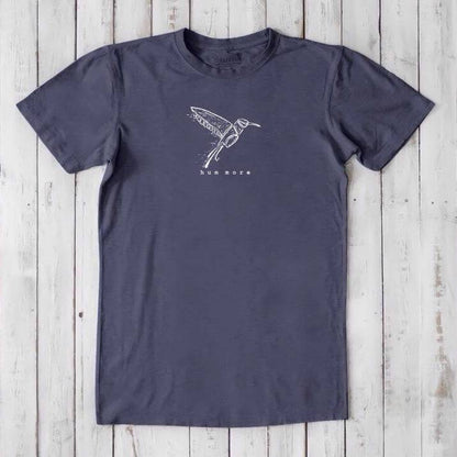 Men's Hummingbird T-Shirt in Bamboo & Organic Cotton, navy blue with white bird sketch and 'hum more' text, classic fit for nature lovers.