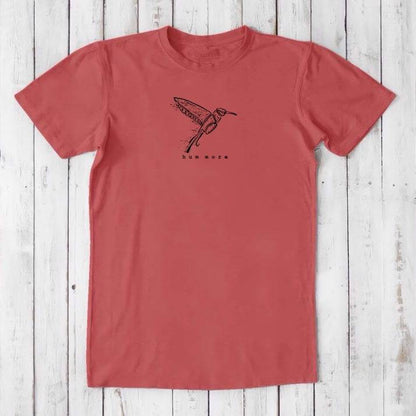 Men's Hummingbird T-Shirt in Bamboo & Organic Cotton, coral red with black hummingbird design and 'hum more' quote, eco-friendly gift shirt.
