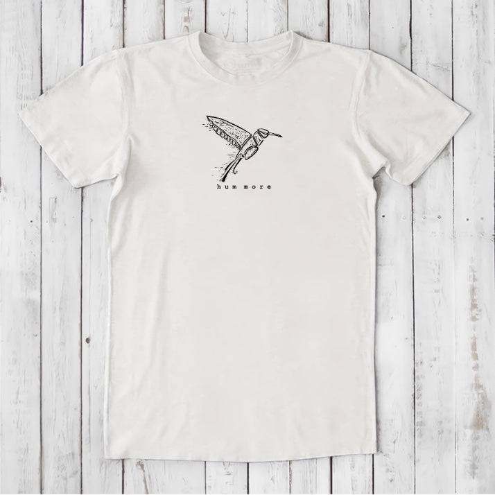 Men's Hummingbird T-Shirt in Bamboo & Organic Cotton, natural white with hand-drawn bird and 'hum more' slogan, soft breathable fabric.