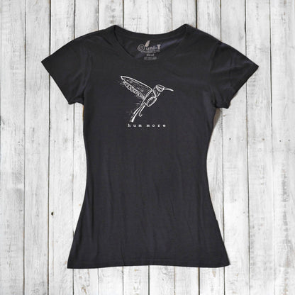 Black Hum More Women's Bamboo Hummingbird Shirt with white hummingbird line art, perfect for eco-conscious fashion lovers.