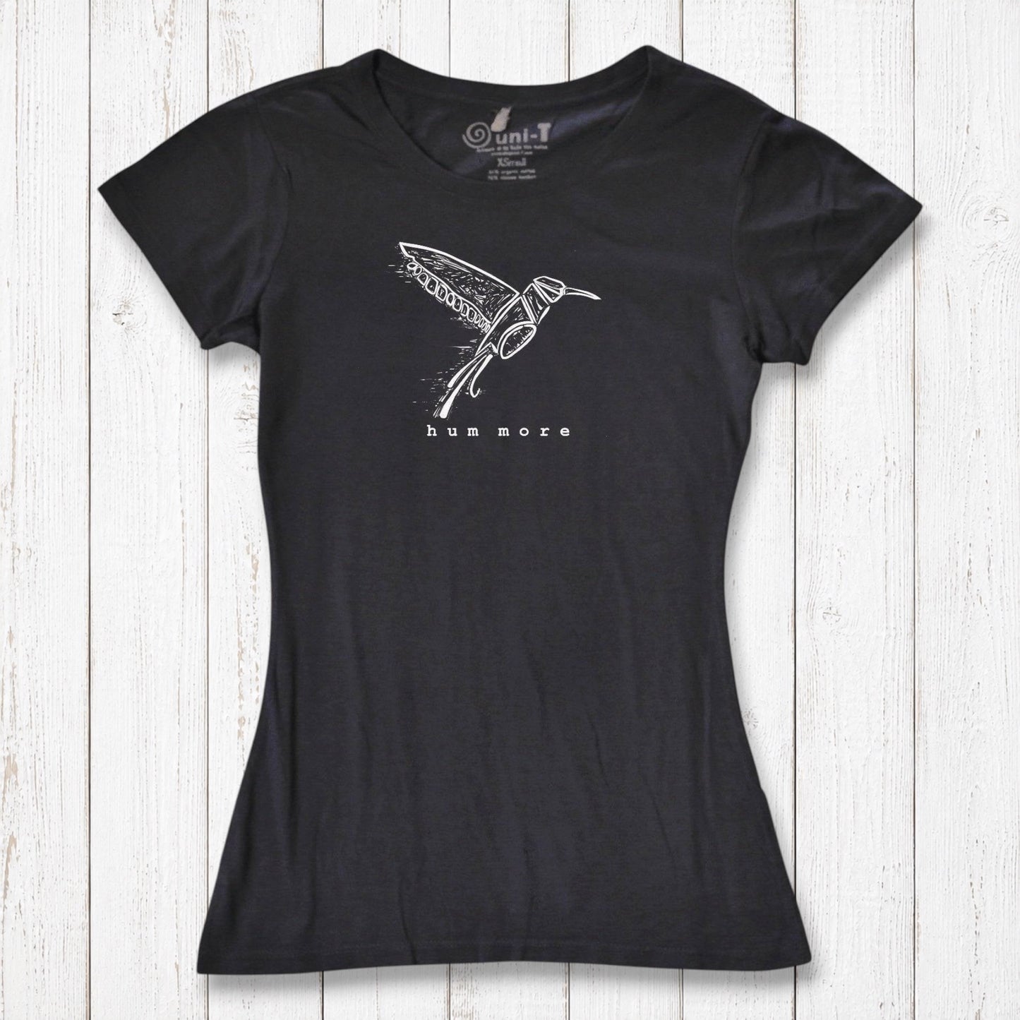 Black Hum More Women's Bamboo Hummingbird Shirt with white hummingbird line art, perfect for eco-conscious fashion lovers.