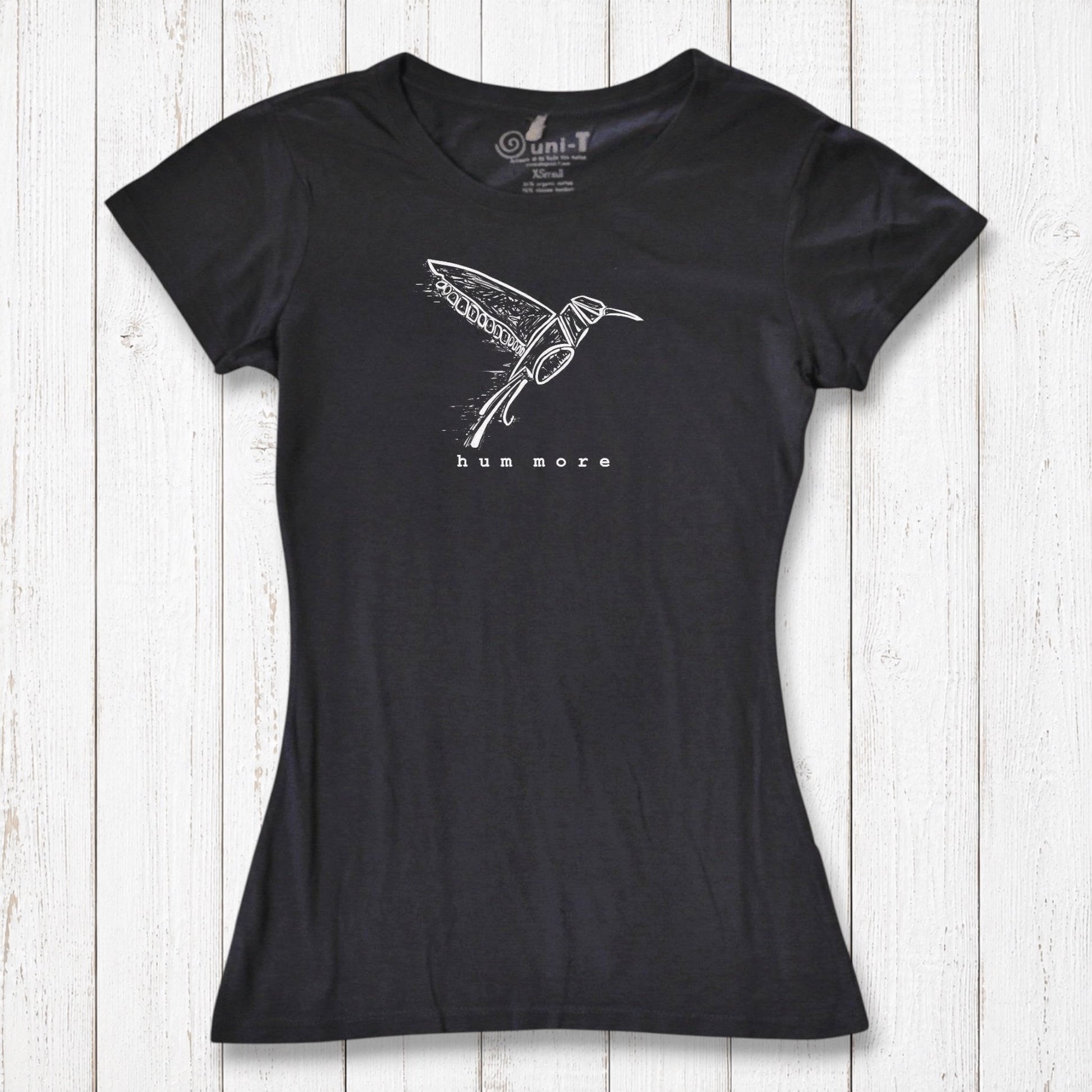 Black Hum More Women's Bamboo Hummingbird Shirt with white hummingbird line art, perfect for eco-conscious fashion lovers.