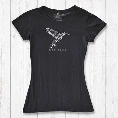 Black Hum More Women's Bamboo Hummingbird Shirt with white hummingbird line art, perfect for eco-conscious fashion lovers.