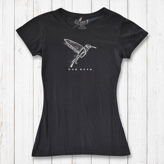 Black Hum More Women's Bamboo Hummingbird Shirt with white hummingbird line art, perfect for eco-conscious fashion lovers.