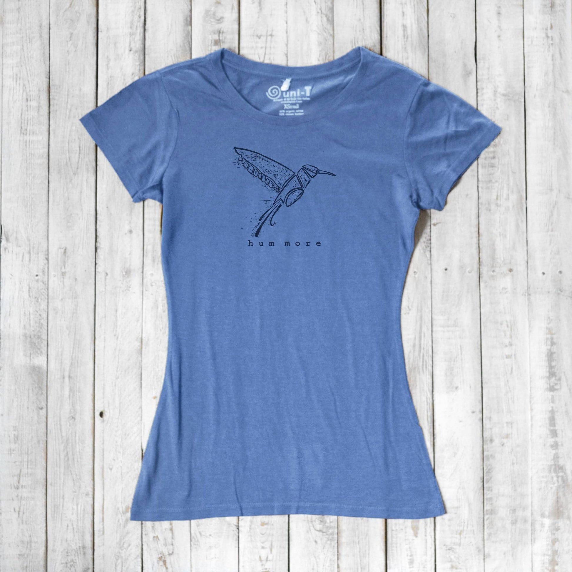 Blue Hum More Women's Bamboo Hummingbird Shirt with artistic bird illustration, ideal for eco-conscious shoppers seeking comfort and style.