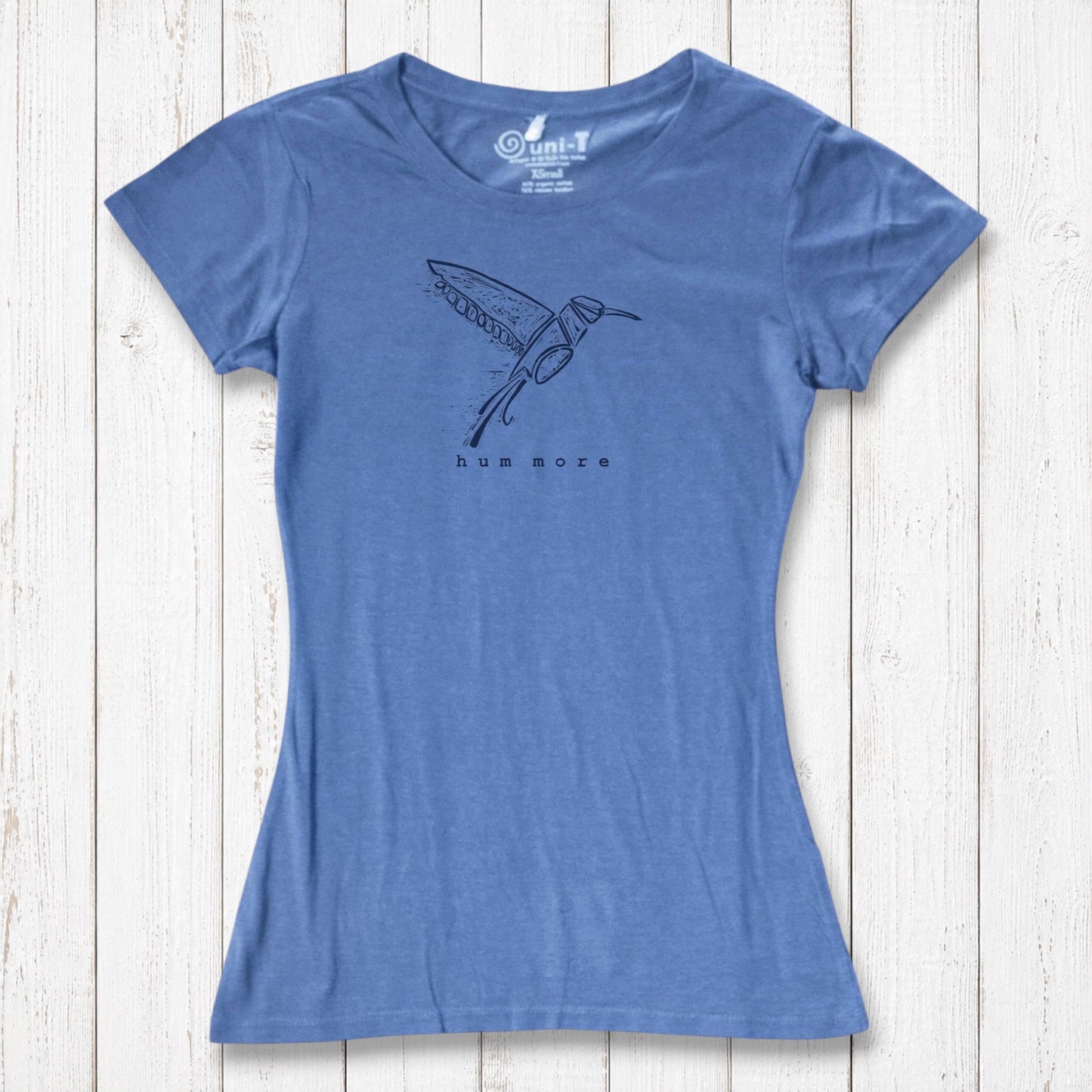 Blue Hum More Women's Bamboo Hummingbird Shirt with artistic bird illustration, ideal for eco-conscious shoppers seeking comfort and style.