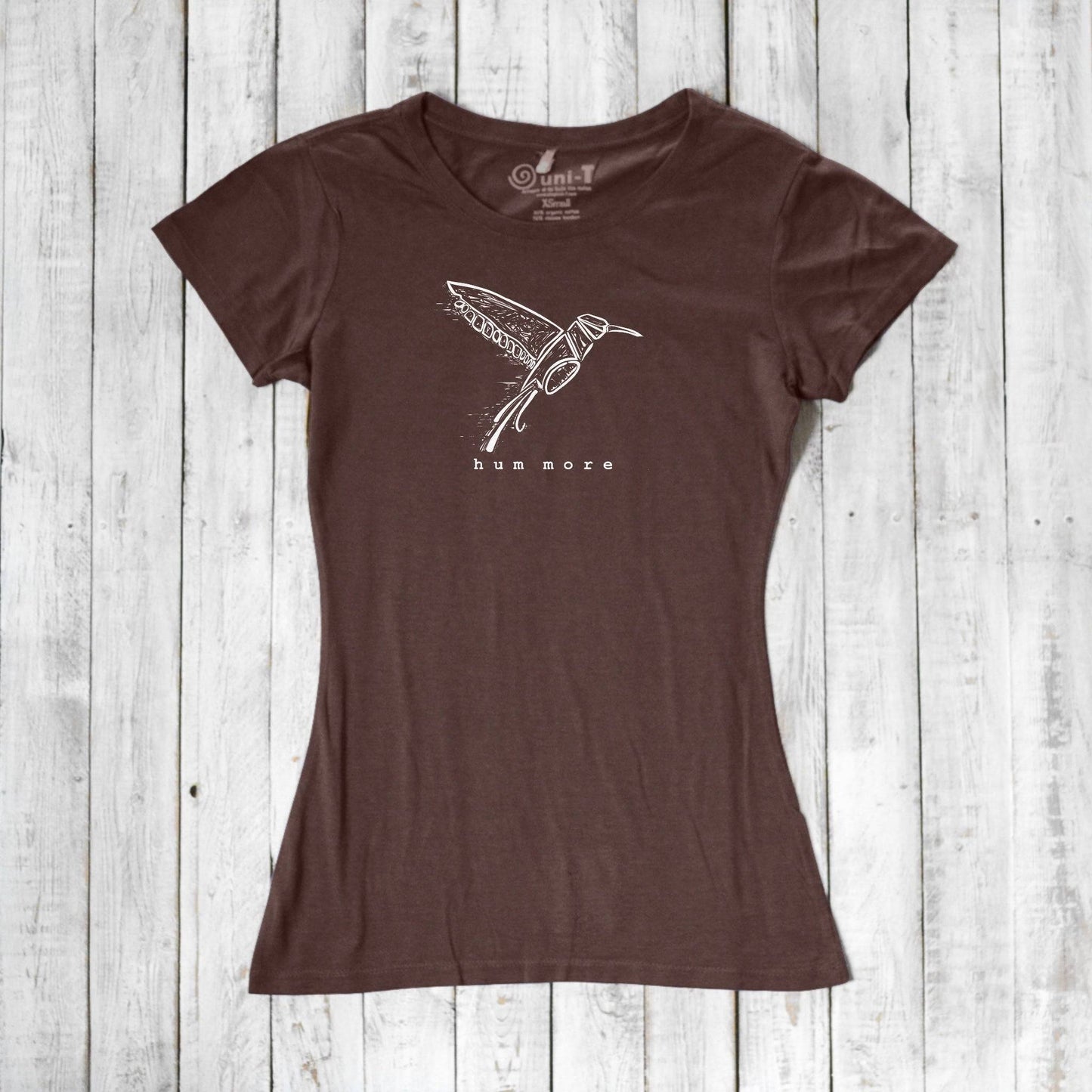 Brown Hum More Women's Bamboo Hummingbird Shirt featuring eco-conscious materials and a detailed hummingbird sketch for nature lovers.