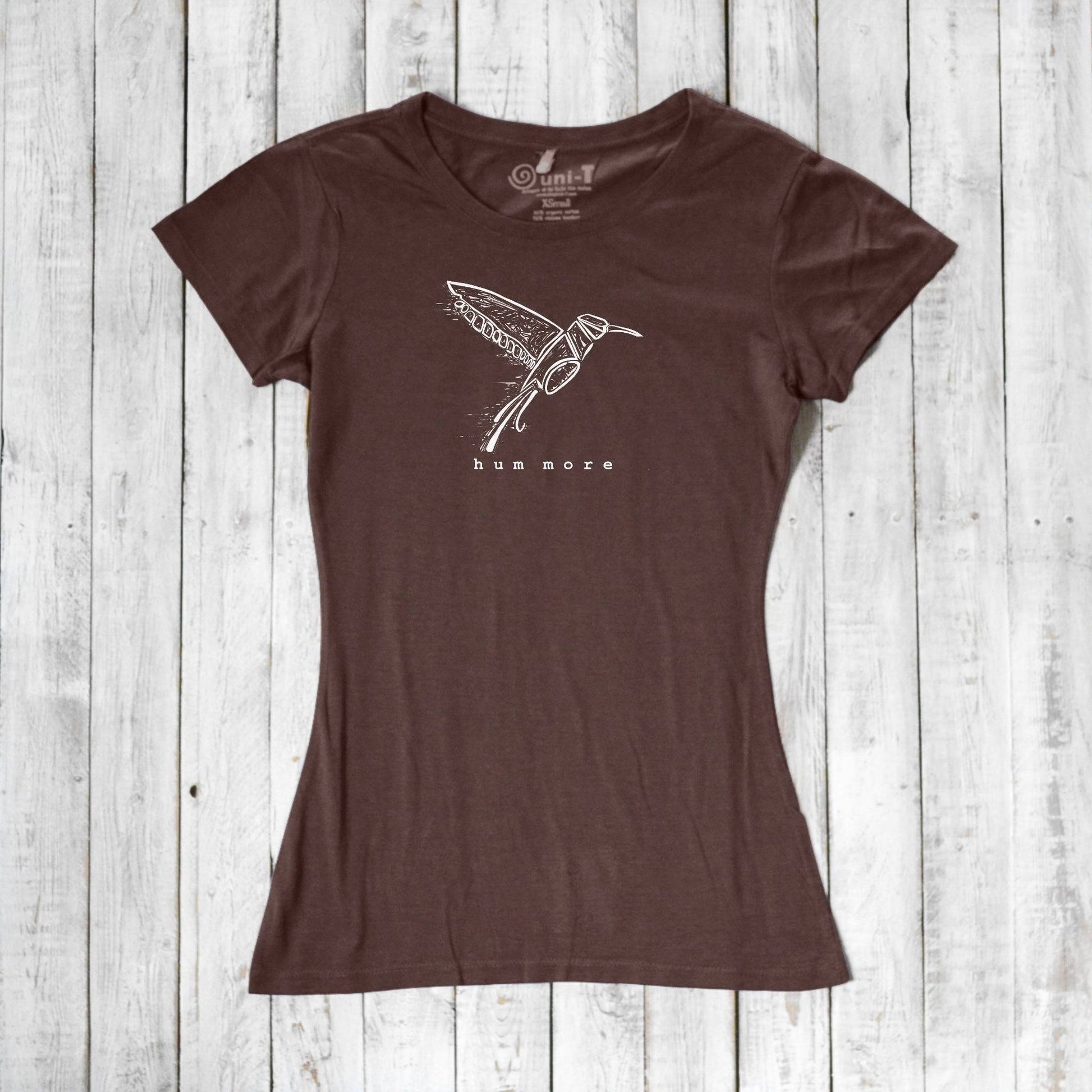 Brown Hum More Women's Bamboo Hummingbird Shirt featuring eco-conscious materials and a detailed hummingbird sketch for nature lovers.