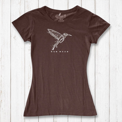 Brown Hum More Women's Bamboo Hummingbird Shirt featuring eco-conscious materials and a detailed hummingbird sketch for nature lovers.