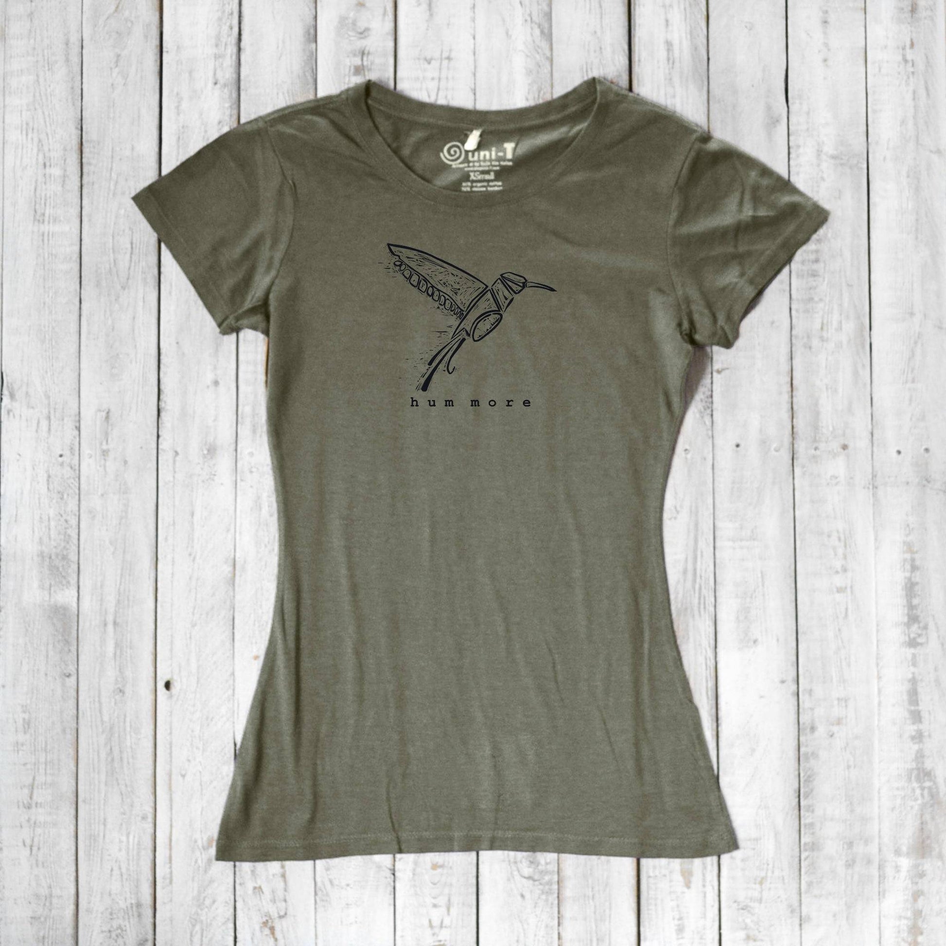 Olive green Hum More Women's Bamboo Hummingbird Shirt with artistic bird graphic, crafted from bamboo and organic cotton for sustainable style.