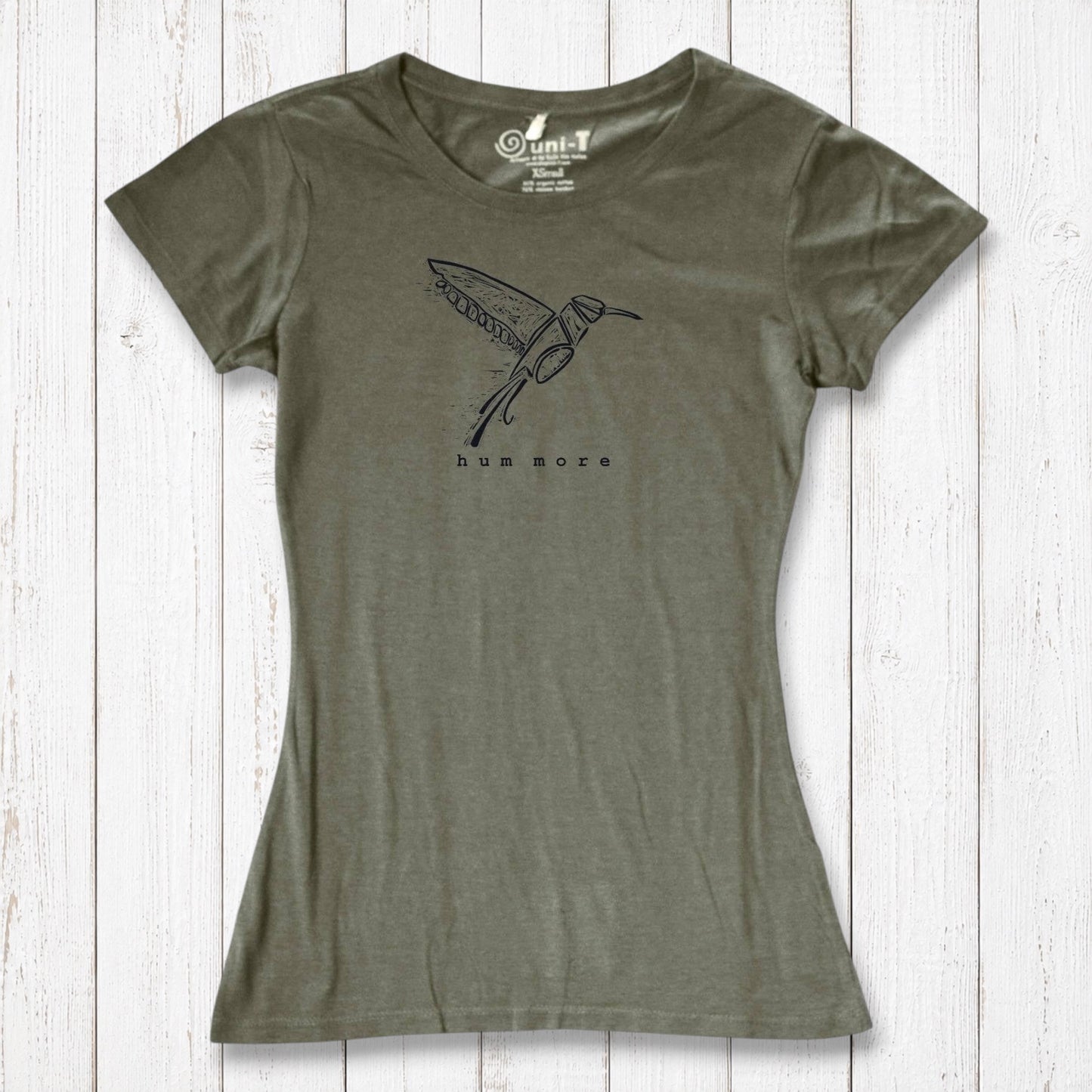 Olive green Hum More Women's Bamboo Hummingbird Shirt with artistic bird graphic, crafted from bamboo and organic cotton for sustainable style.
