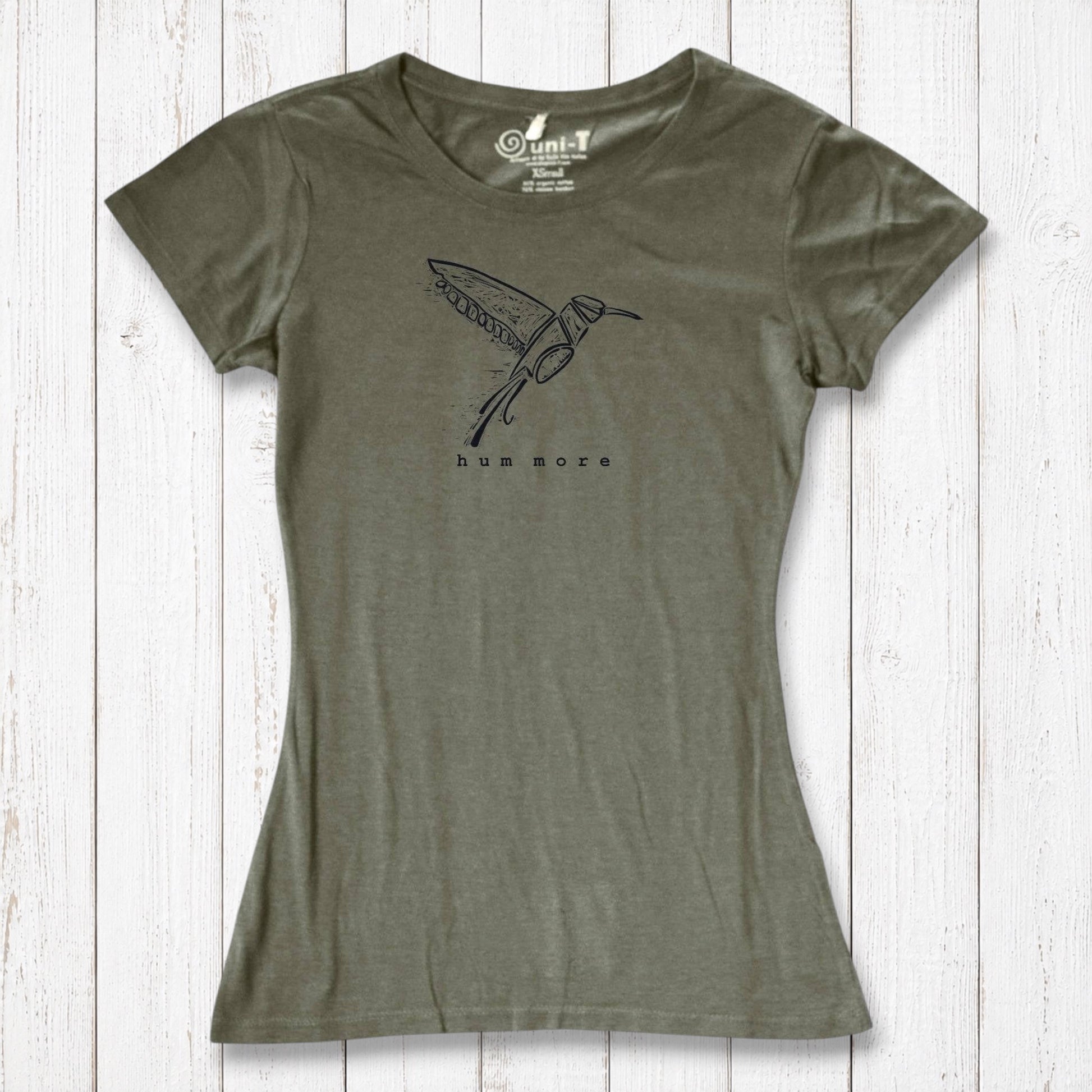 Olive green Hum More Women's Bamboo Hummingbird Shirt with artistic bird graphic, crafted from bamboo and organic cotton for sustainable style.
