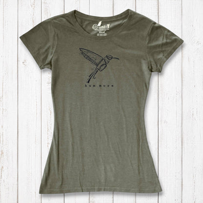 Olive green Hum More Women's Bamboo Hummingbird Shirt with artistic bird graphic, crafted from bamboo and organic cotton for sustainable style.