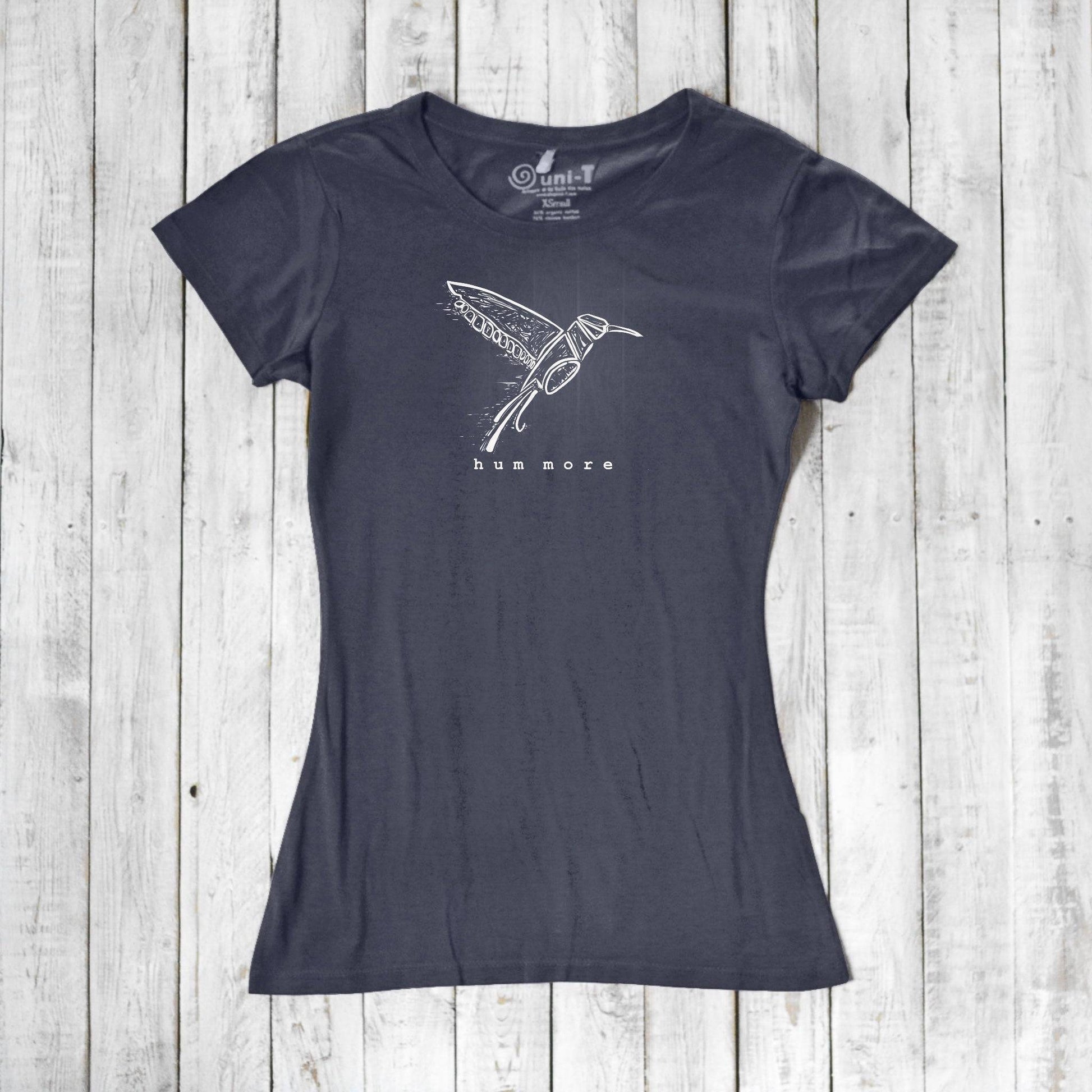 Charcoal Hum More Women's Bamboo Hummingbird Shirt with white bird sketch, made from breathable bamboo and organic cotton materials.