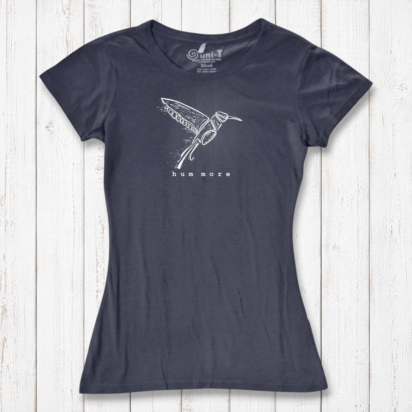 Charcoal Hum More Women's Bamboo Hummingbird Shirt with white bird sketch, made from breathable bamboo and organic cotton materials.