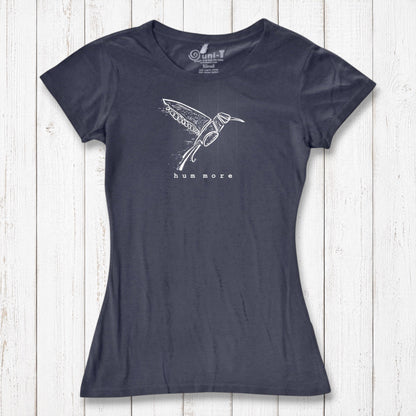 Charcoal Hum More Women's Bamboo Hummingbird Shirt with white bird sketch, made from breathable bamboo and organic cotton materials.