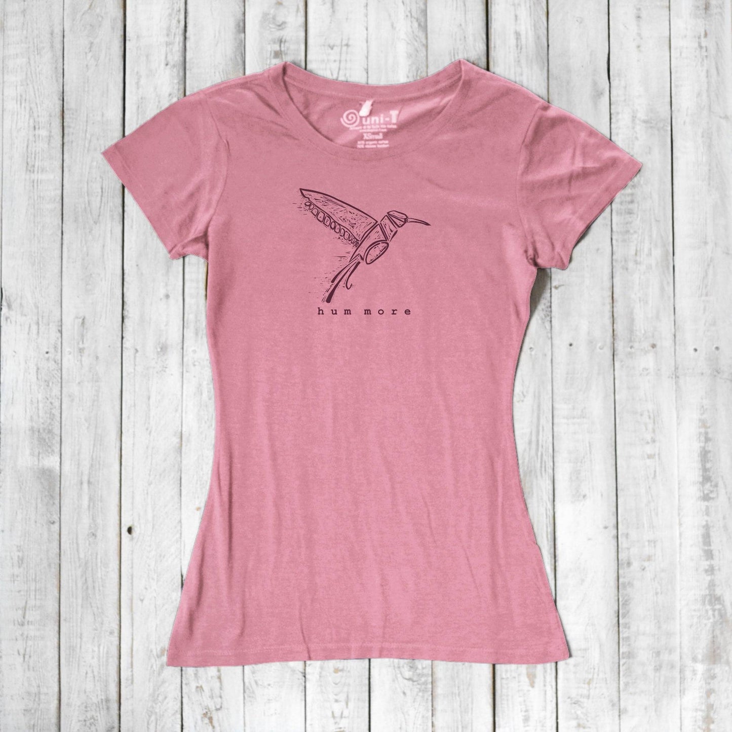 Pink Hum More Women's Bamboo Hummingbird Shirt with hand-drawn hummingbird design, made from soft bamboo and organic cotton fabric.