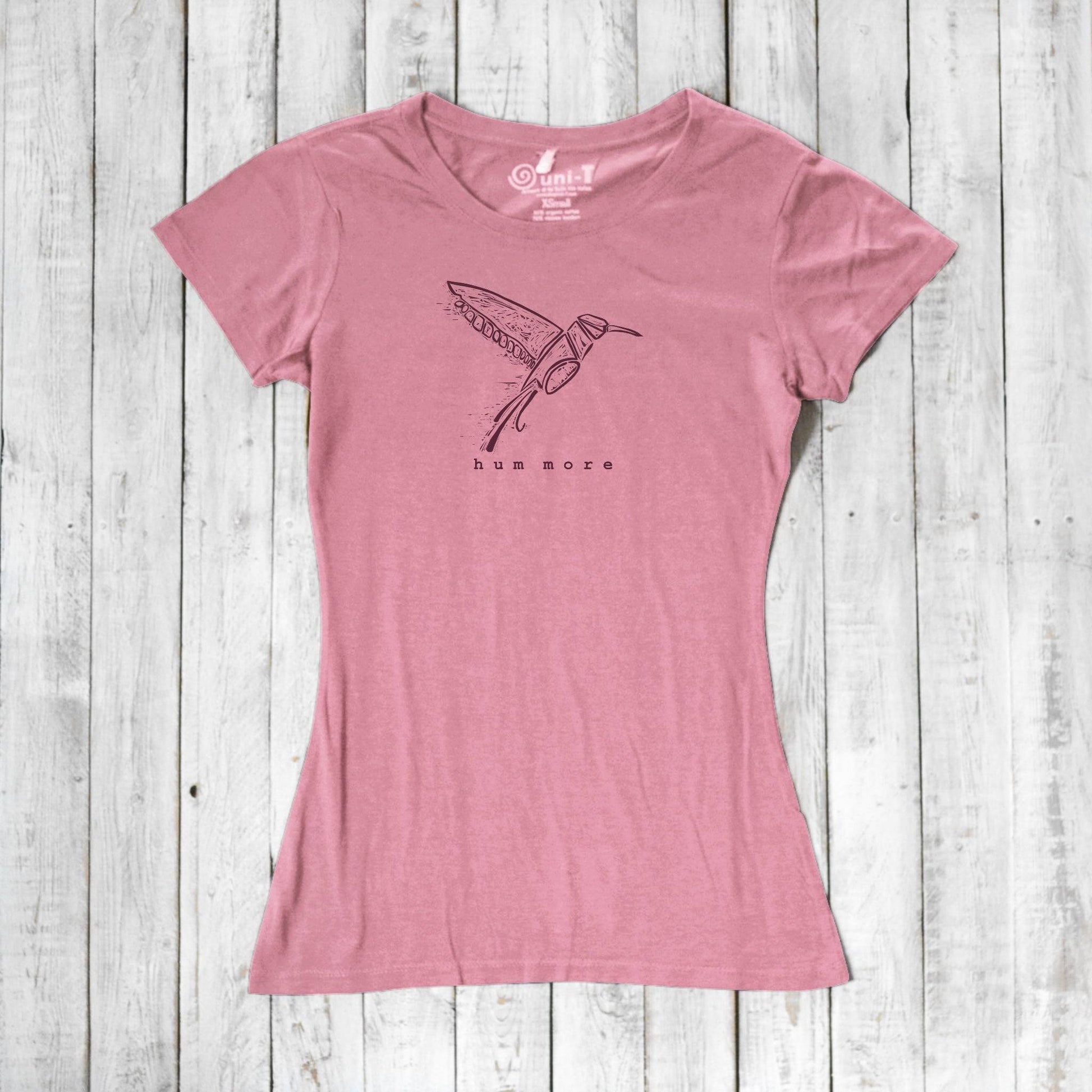 Pink Hum More Women's Bamboo Hummingbird Shirt with hand-drawn hummingbird design, made from soft bamboo and organic cotton fabric.