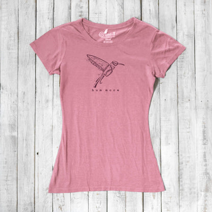 Pink Hum More Women's Bamboo Hummingbird Shirt with hand-drawn hummingbird design, made from soft bamboo and organic cotton fabric.