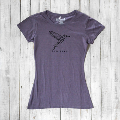 Purple Hum More Women's Bamboo Hummingbird Shirt with line-drawn bird graphic, made from sustainable bamboo and organic cotton blend.