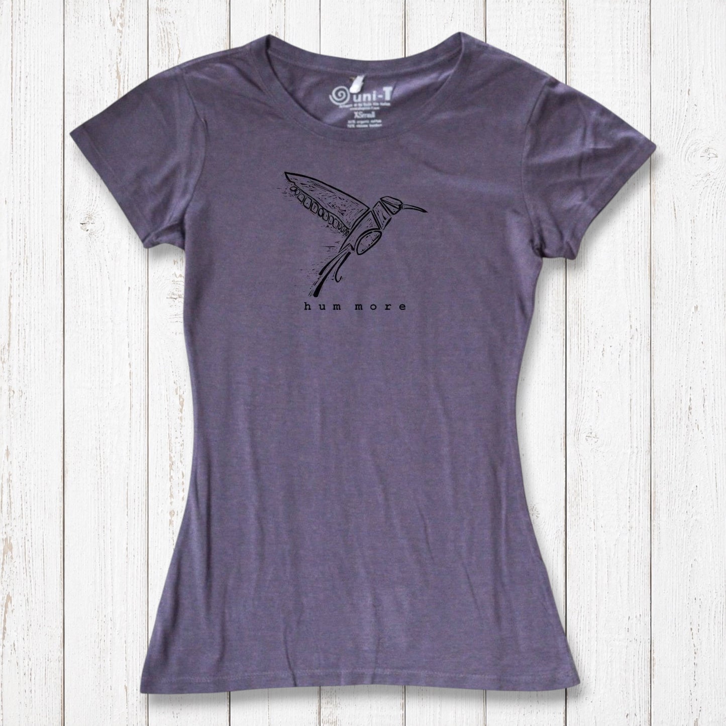 Purple Hum More Women's Bamboo Hummingbird Shirt with line-drawn bird graphic, made from sustainable bamboo and organic cotton blend.