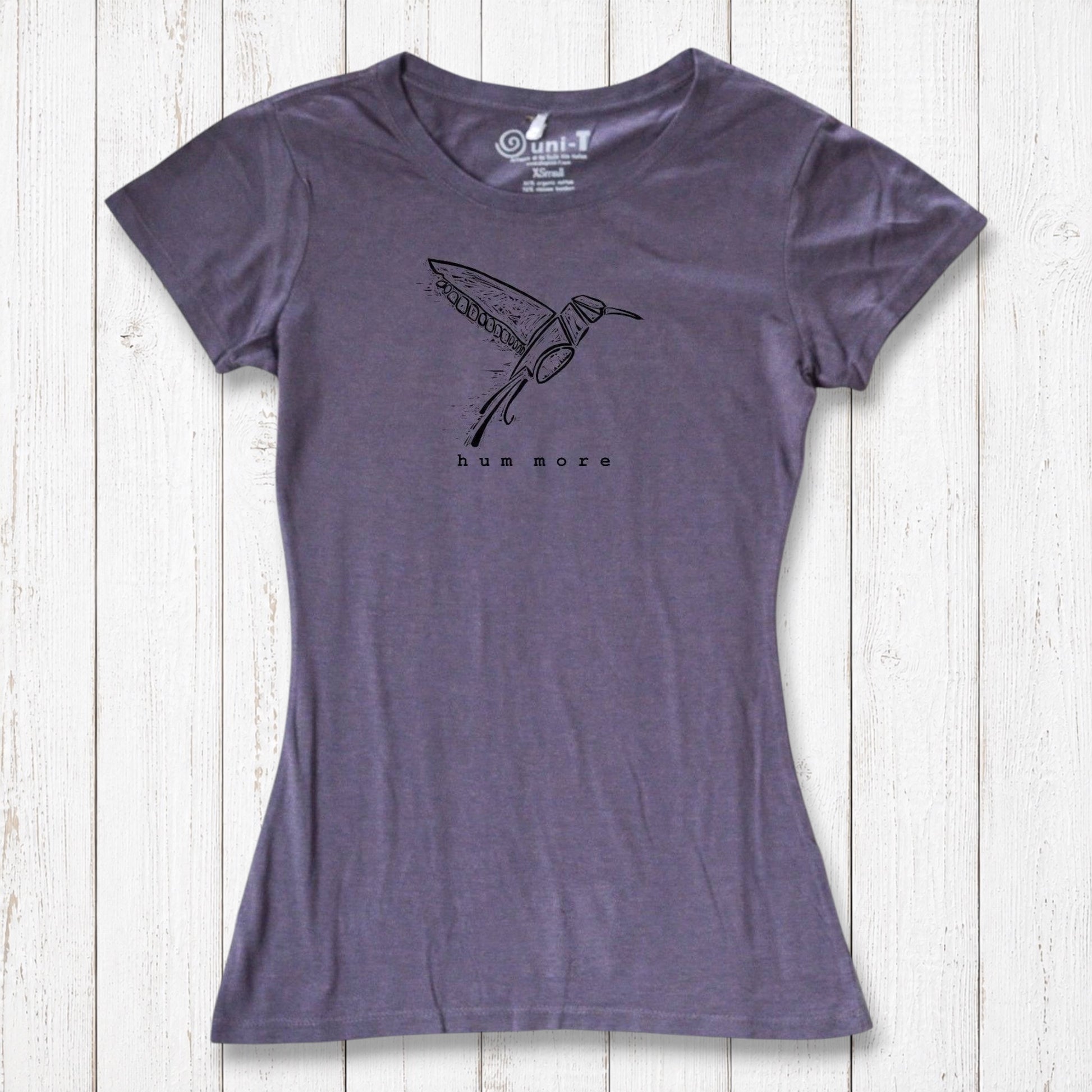 Purple Hum More Women's Bamboo Hummingbird Shirt with line-drawn bird graphic, made from sustainable bamboo and organic cotton blend.
