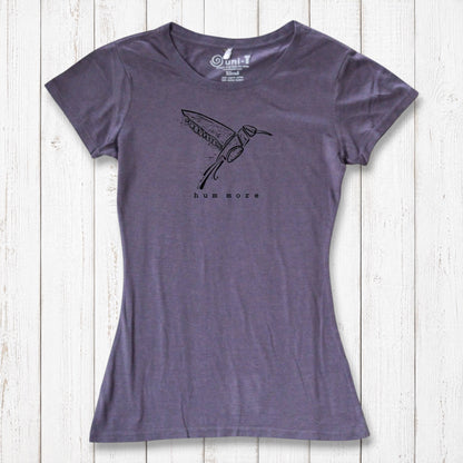 Purple Hum More Women's Bamboo Hummingbird Shirt with line-drawn bird graphic, made from sustainable bamboo and organic cotton blend.