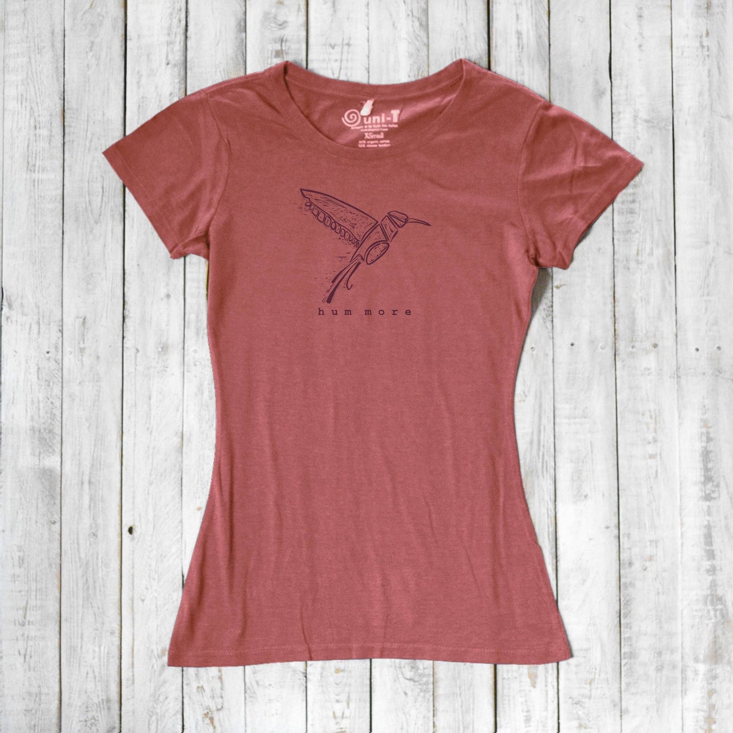 Muted red Hum More Women's Bamboo Hummingbird Shirt with artistic bird print, crafted from sustainable bamboo and cotton blend.