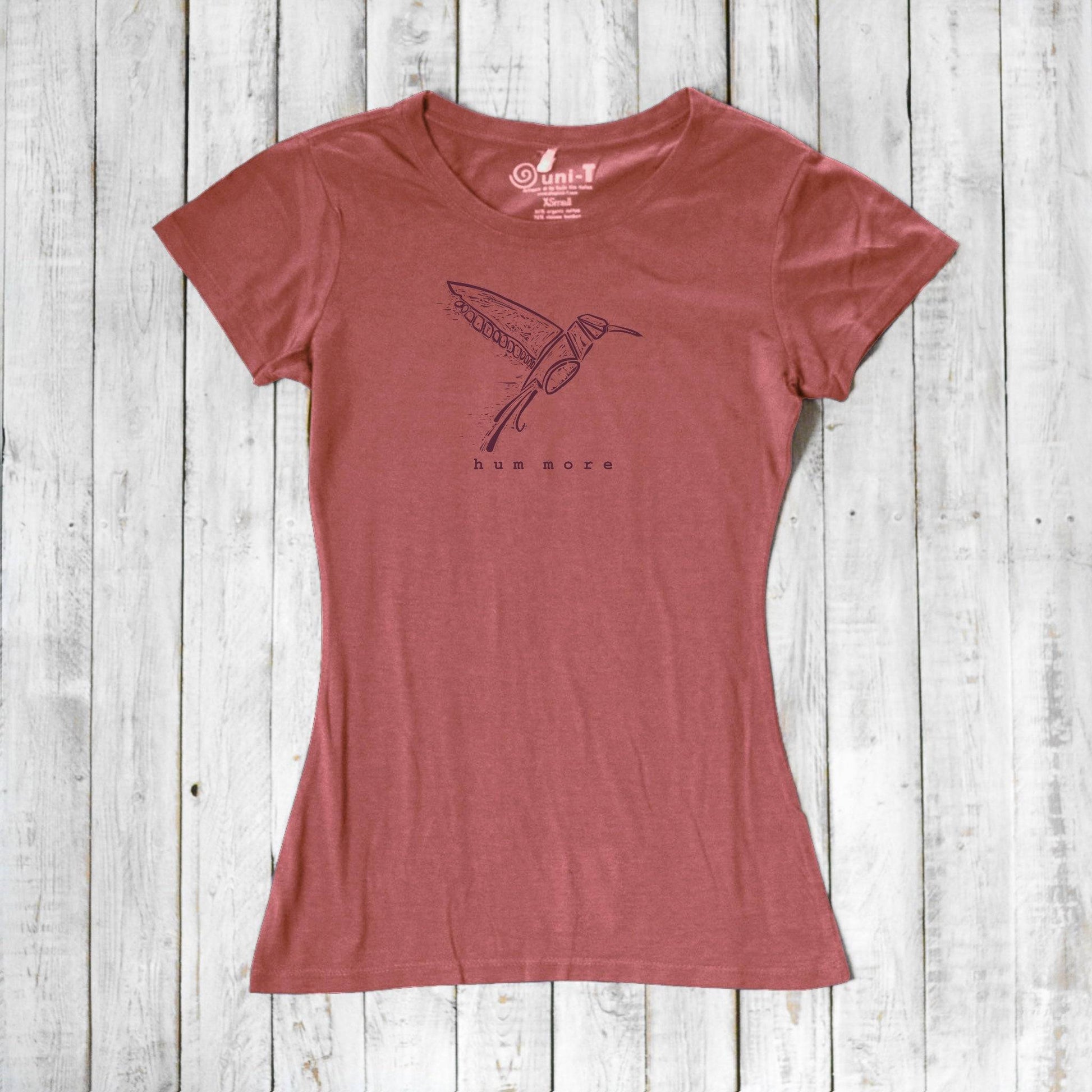 Muted red Hum More Women's Bamboo Hummingbird Shirt with artistic bird print, crafted from sustainable bamboo and cotton blend.