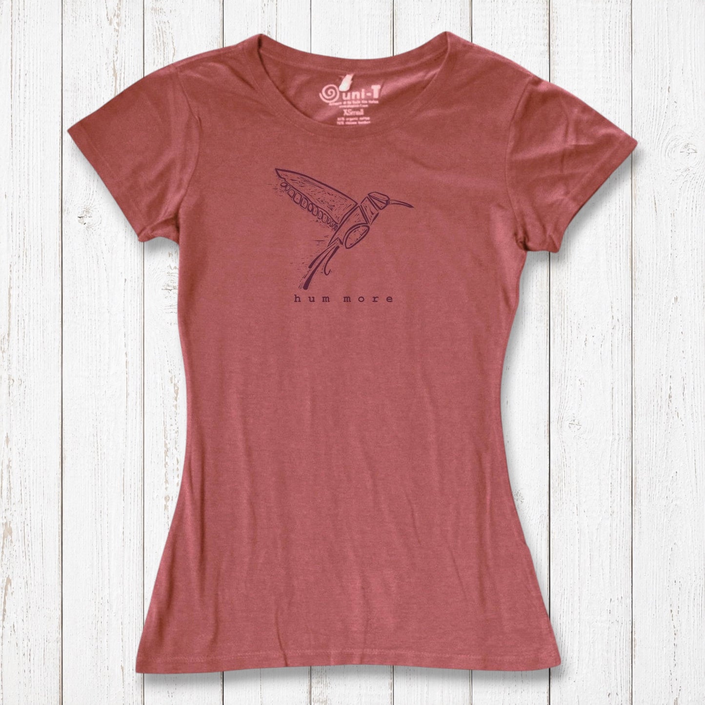 Muted red Hum More Women's Bamboo Hummingbird Shirt with artistic bird print, crafted from sustainable bamboo and cotton blend.