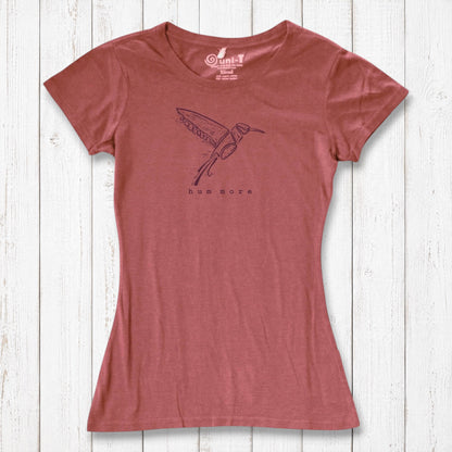 Muted red Hum More Women's Bamboo Hummingbird Shirt with artistic bird print, crafted from sustainable bamboo and cotton blend.