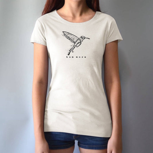 Hum More Women's Bamboo Hummingbird Shirt in natural white, featuring minimalist hummingbird line art and eco-friendly fabric blend.