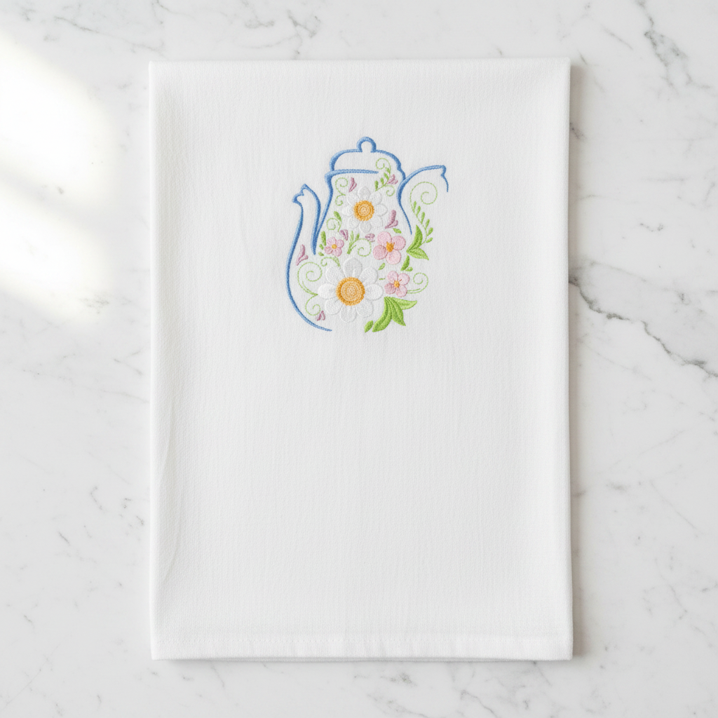 Spring Flower Teapot Embroidered Towel