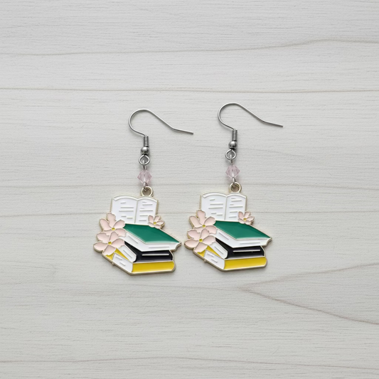 Enamel Bookstacks with Flowers Earrings