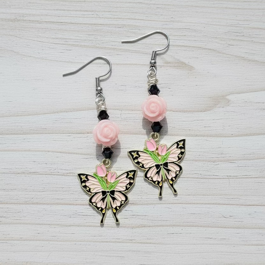 Enamel Pink and Black Butterflies with Wire Wrapped Pink Roses