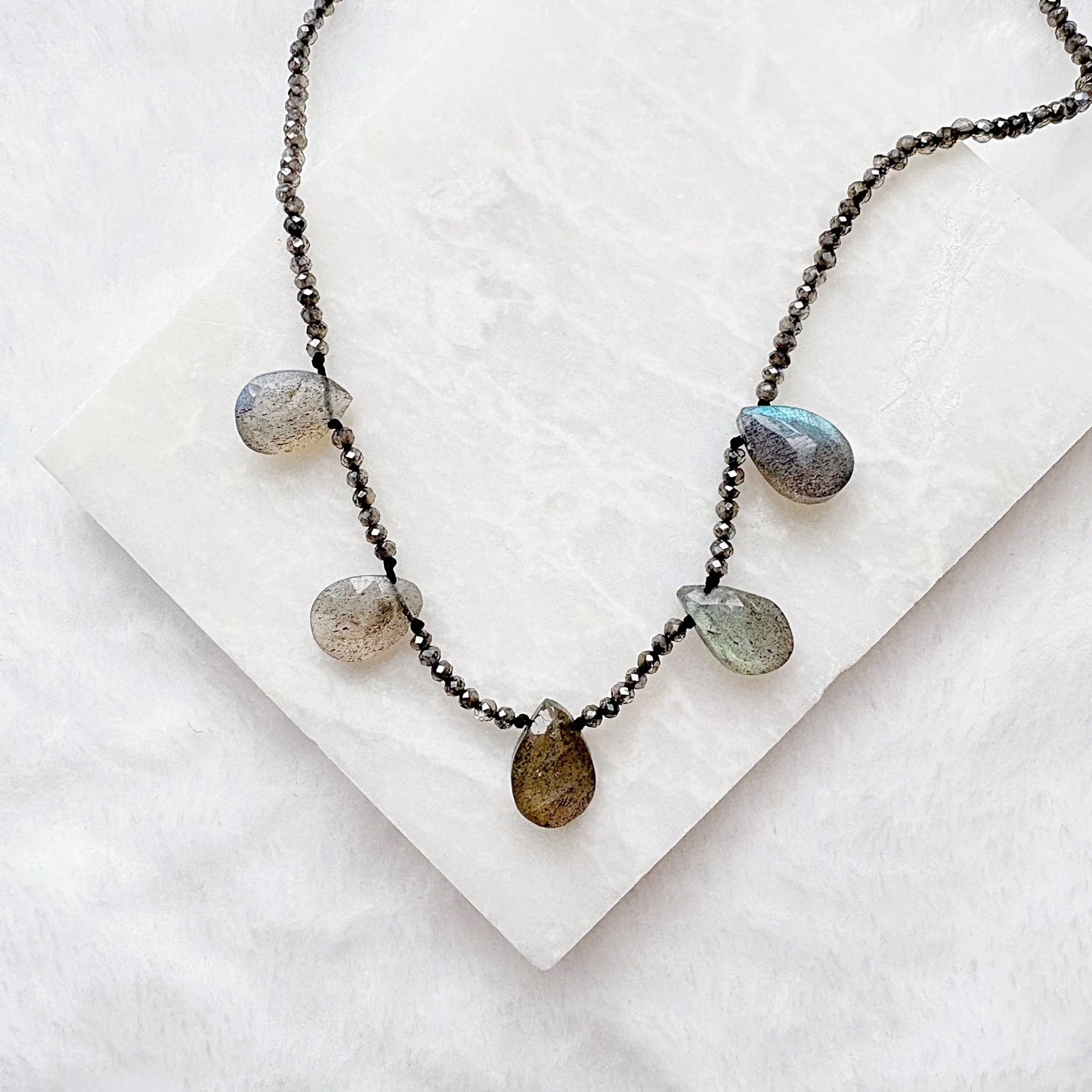 Silver labradorite necklace with multi-colored teardrop stones