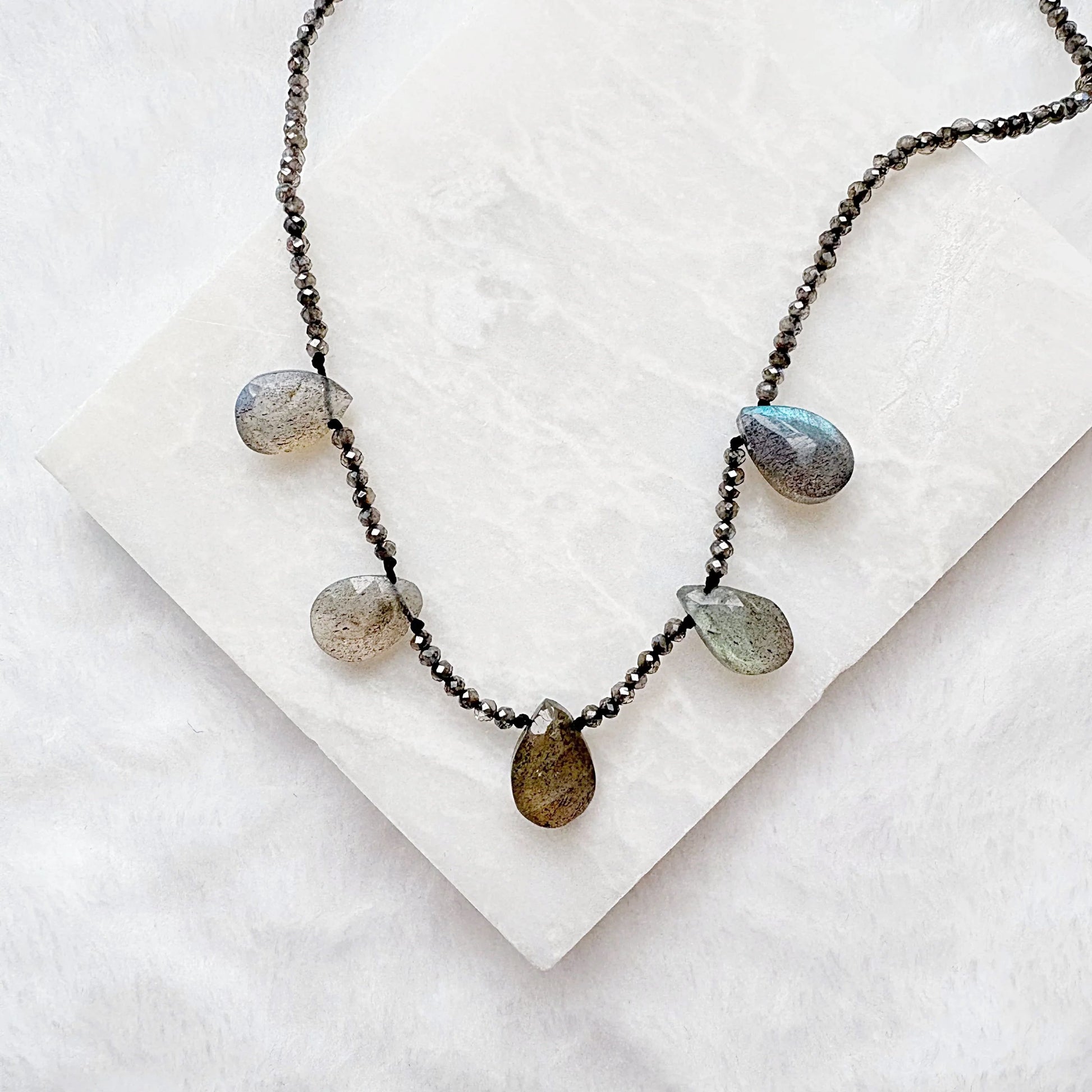Silver labradorite necklace with multi-colored teardrop stones