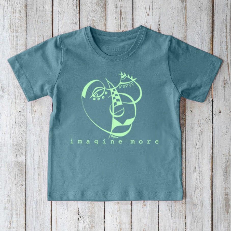 Blue Kids' Organic Cotton T-Shirt with mint green abstract graphic and 'imagine more' message, sustainable artistic top for children.