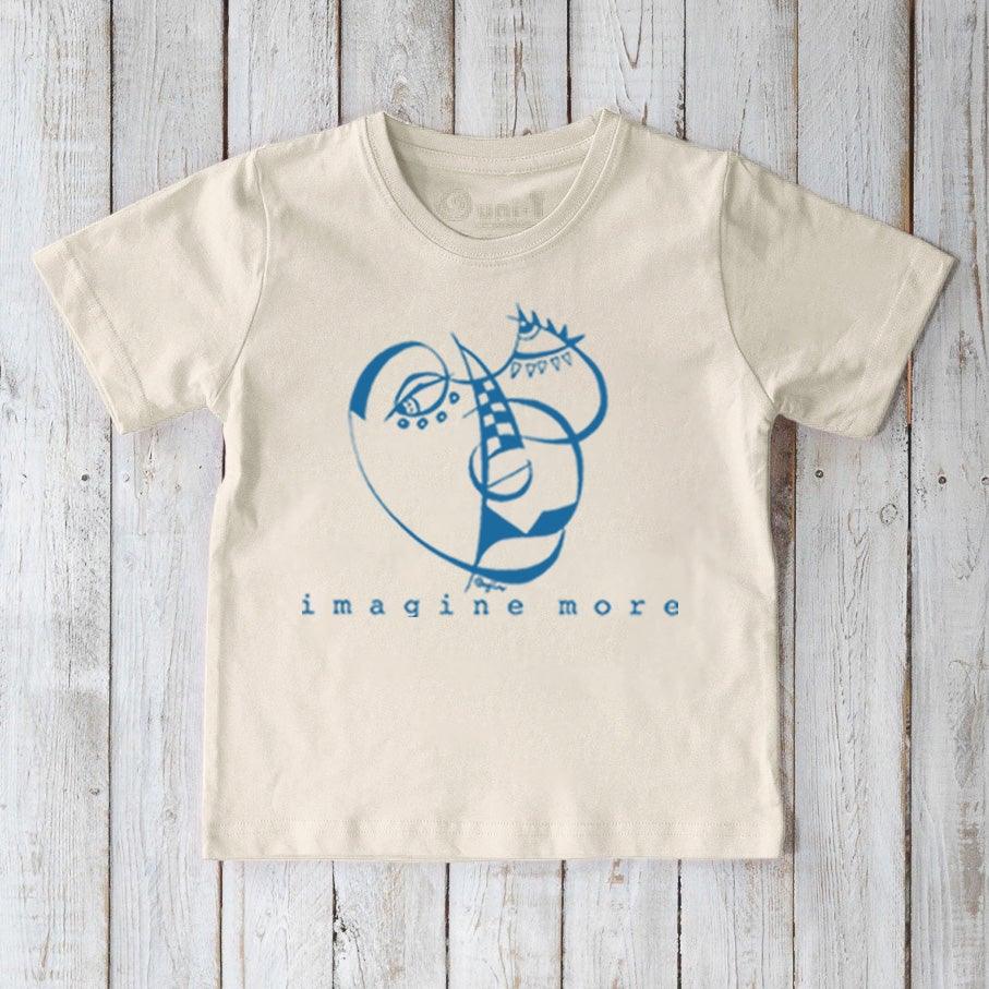 Beige Kids' Organic Cotton T-Shirt with blue abstract graphic and 'imagine more' text, sustainable artistic tee for imaginative children.