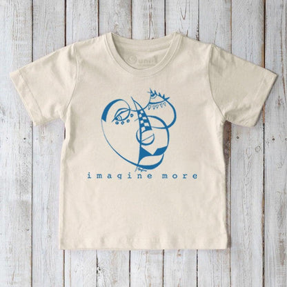 Beige Kids' Organic Cotton T-Shirt with blue abstract graphic and 'imagine more' text, sustainable artistic tee for imaginative children.