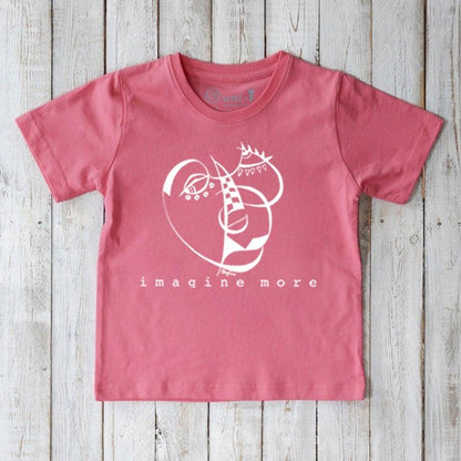Pink Kids' Creative Organic Cotton T-Shirt featuring white abstract art and 'imagine more' slogan, eco-conscious inspirational clothing.