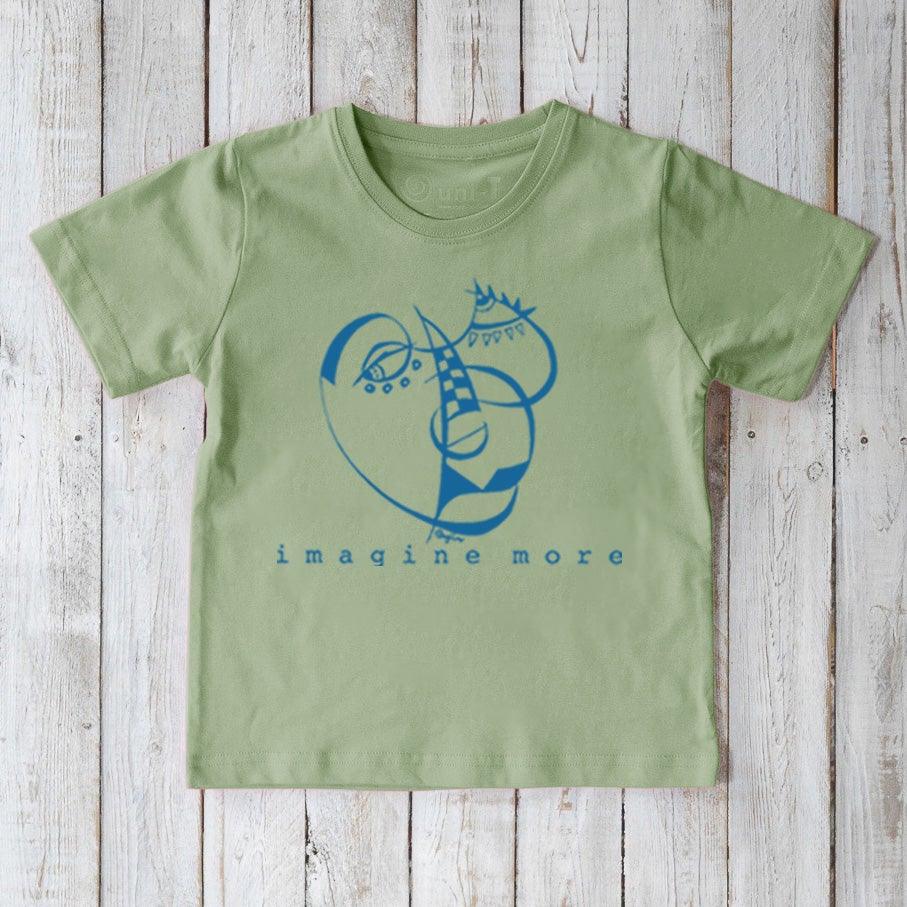 Green Kids' Creative Organic Cotton T-Shirt with blue abstract design and 'imagine more' message, eco-friendly inspirational apparel.